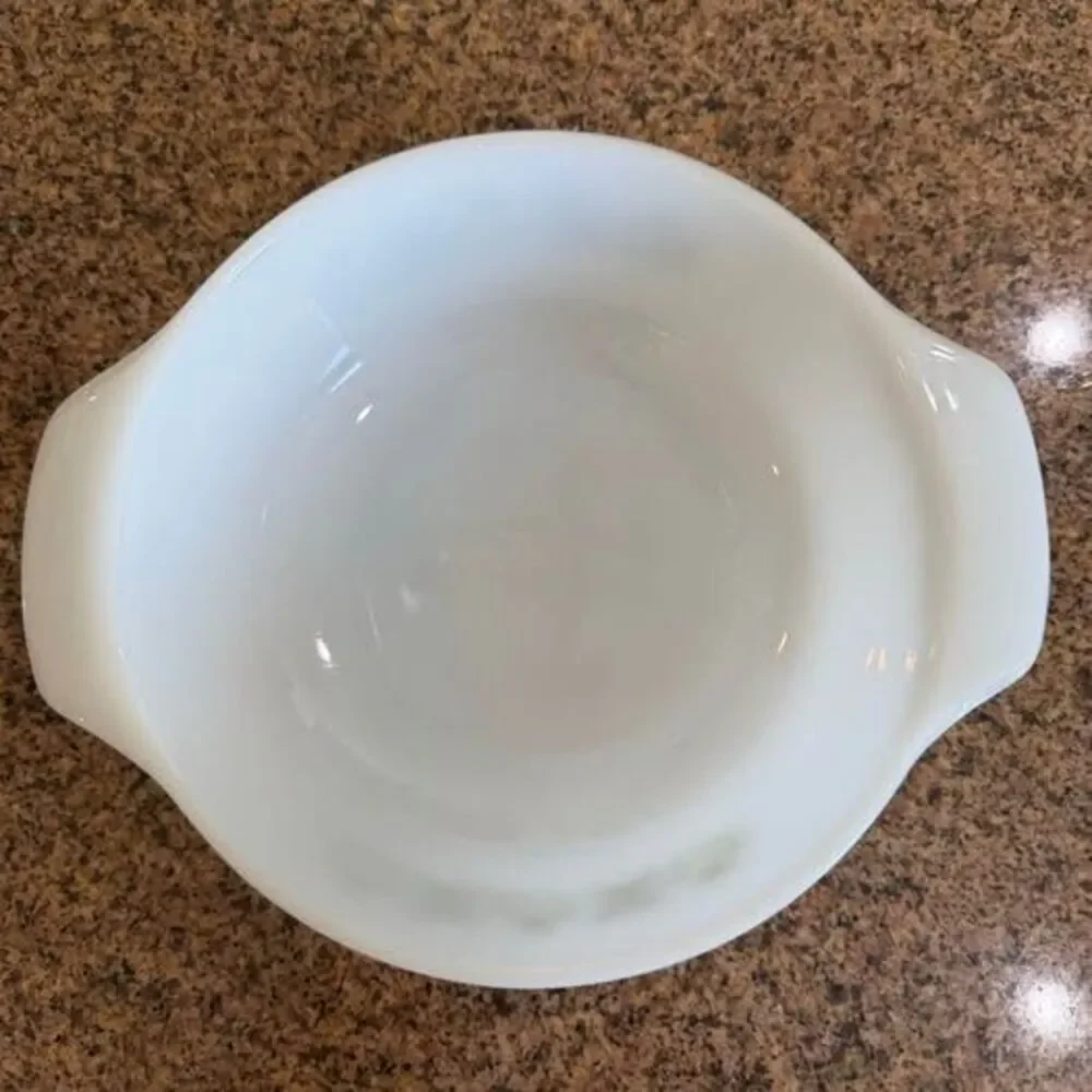 Vintage Anchor Hocking Fire-King milk glass casserole dish in the 